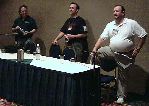 DragonLance co-author Tracy Hickman, right, and Star Wars author Michael Stackpole, left, at GenCon 2004